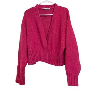 Zara Chunky Knit Cropped Cardigan Sweater Fuchsia Wool Blend MEDIUM